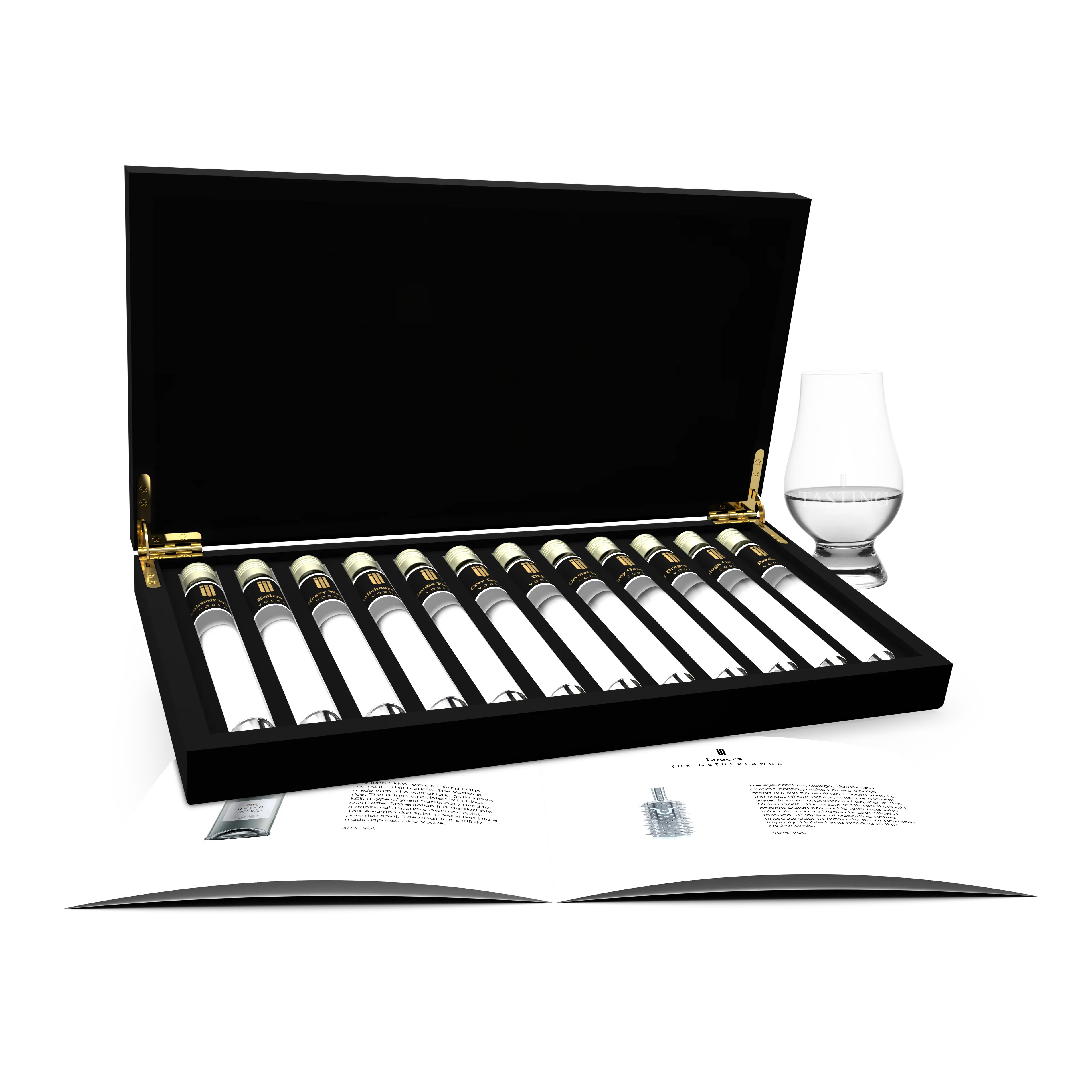 Vodka Degustatie 12 Tubes Proeverij Cadeau set in houten Geschenkdoos kist