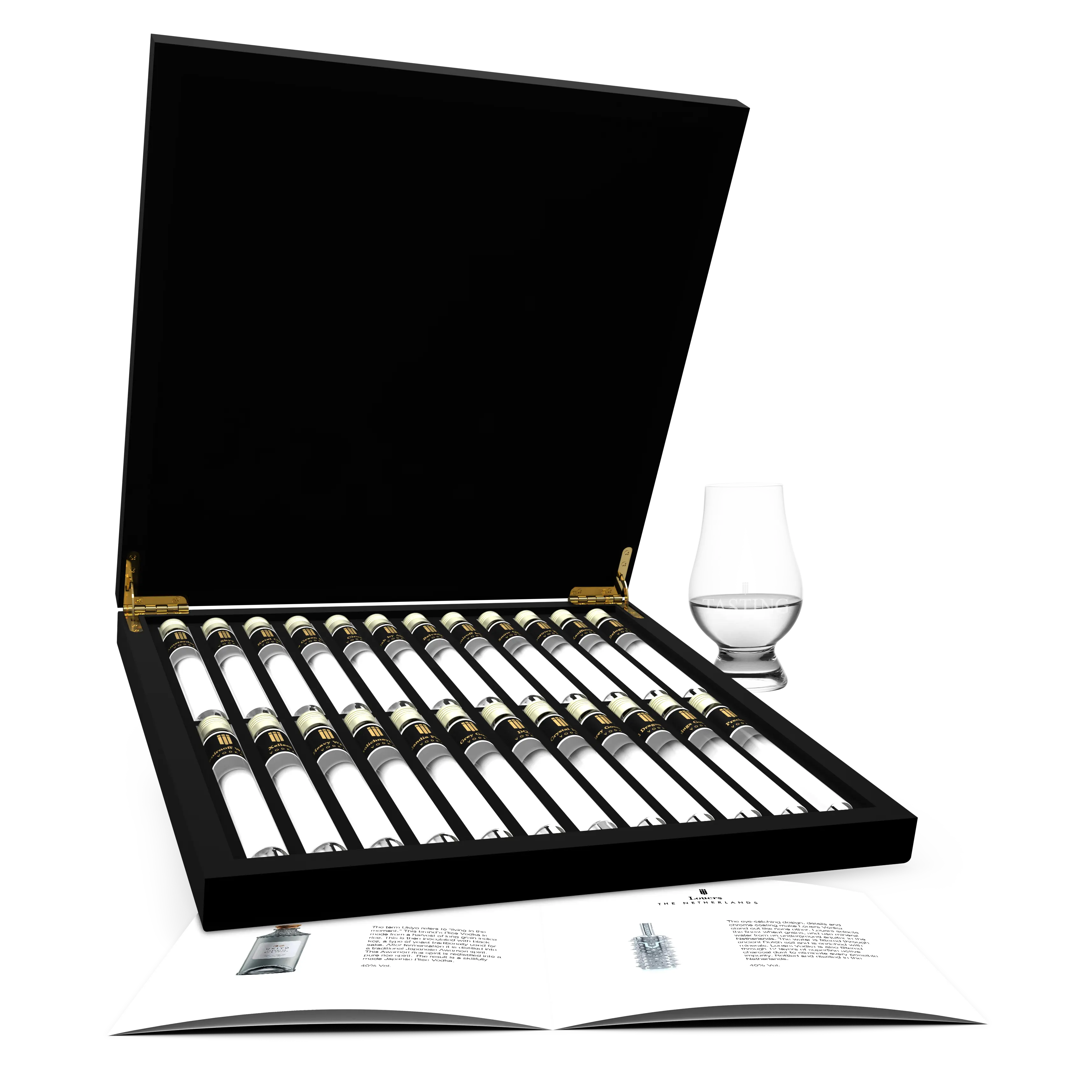 Vodka Degustatie 24 Tubes Proeverij Cadeau set in Houten Geschenkdoos kist